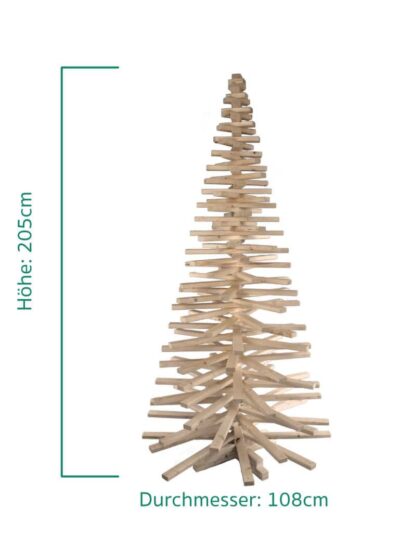 Franky Tree Holzweihnachtsbaum aus Fichtenholz aufgedreht als Weihnachtsbaum. Der Baum hat eine Höhe von 205 cm und einen Durchmesser von 108 cm.